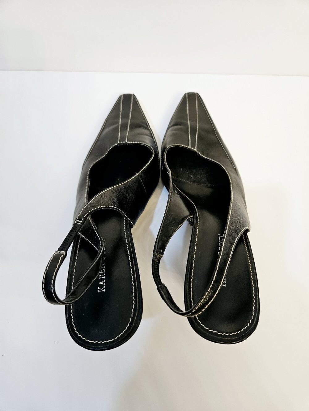 Vintage Y2K Karen Scott Slingback Heels Size 9.5 Black Leather White Stitch EUC - Picture 5 of 8